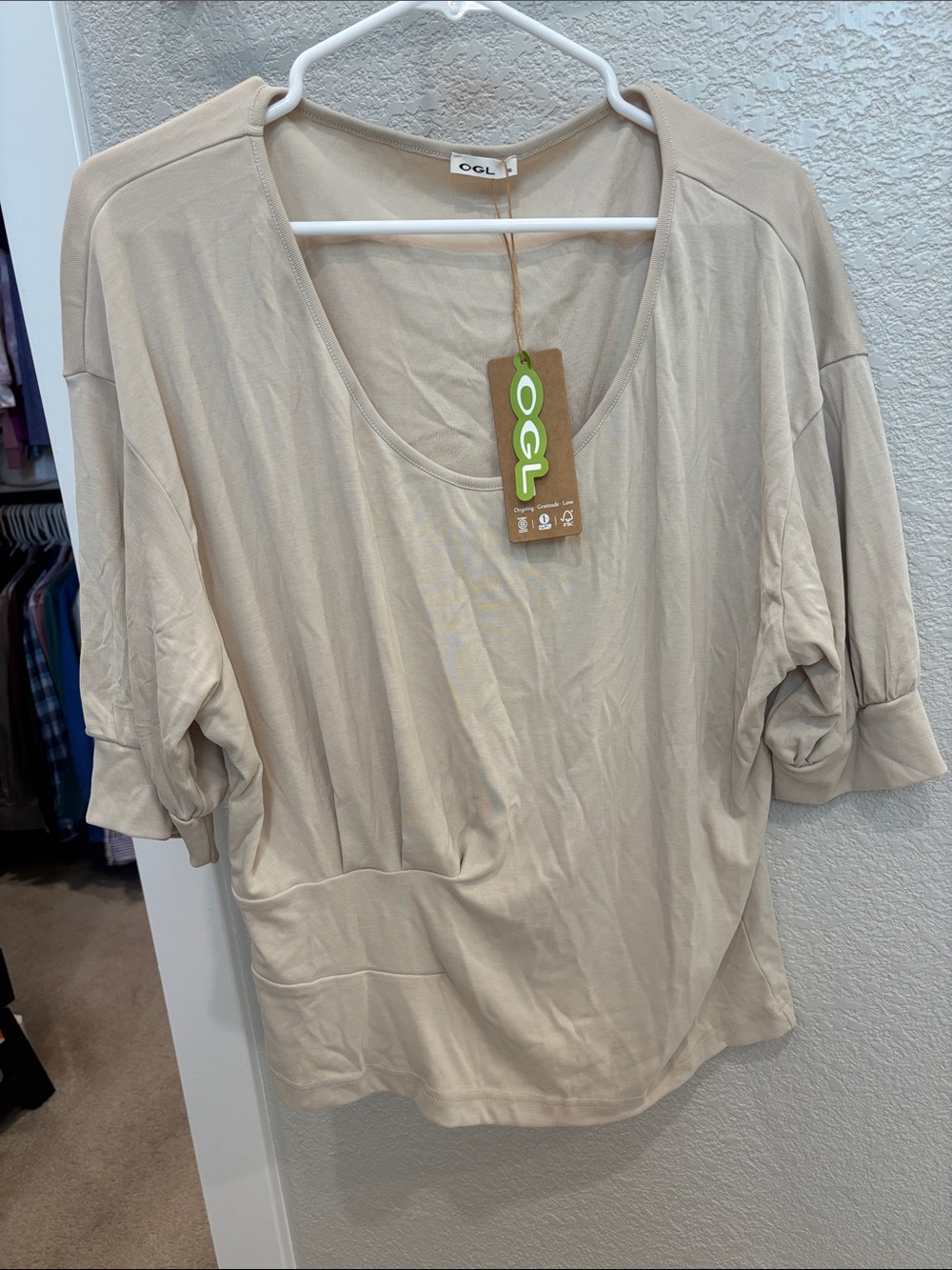 OGL Women's Short Sleeve Scoop Neck Top in Light Beige